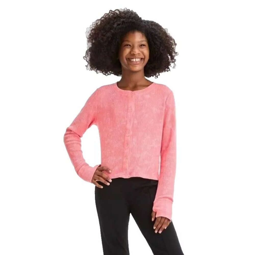 Art Class Girls' Coral Red Waffle Knit Full Snap Front LS Shirt - Picture 4 of 7